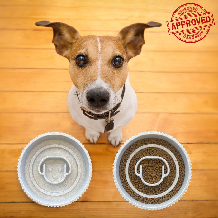 Dog slow feeding Bowl by woof and meow, anti-slip, slow feed features and sensory raised areas, eco organic plastic