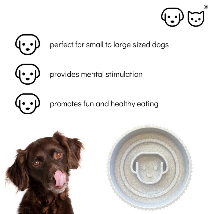 Dog slow feeding Bowl by woof and meow, anti-slip, slow feed features and sensory raised areas, eco organic plastic