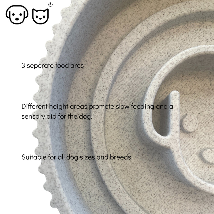 Dog slow feeding Bowl by woof and meow, anti-slip, slow feed features and sensory raised areas, eco organic plastic