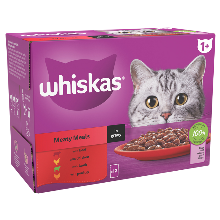 Whiskers 1+ Meaty Meals Adult Wet Cat Food Pouches in Gravy 12 x 85g